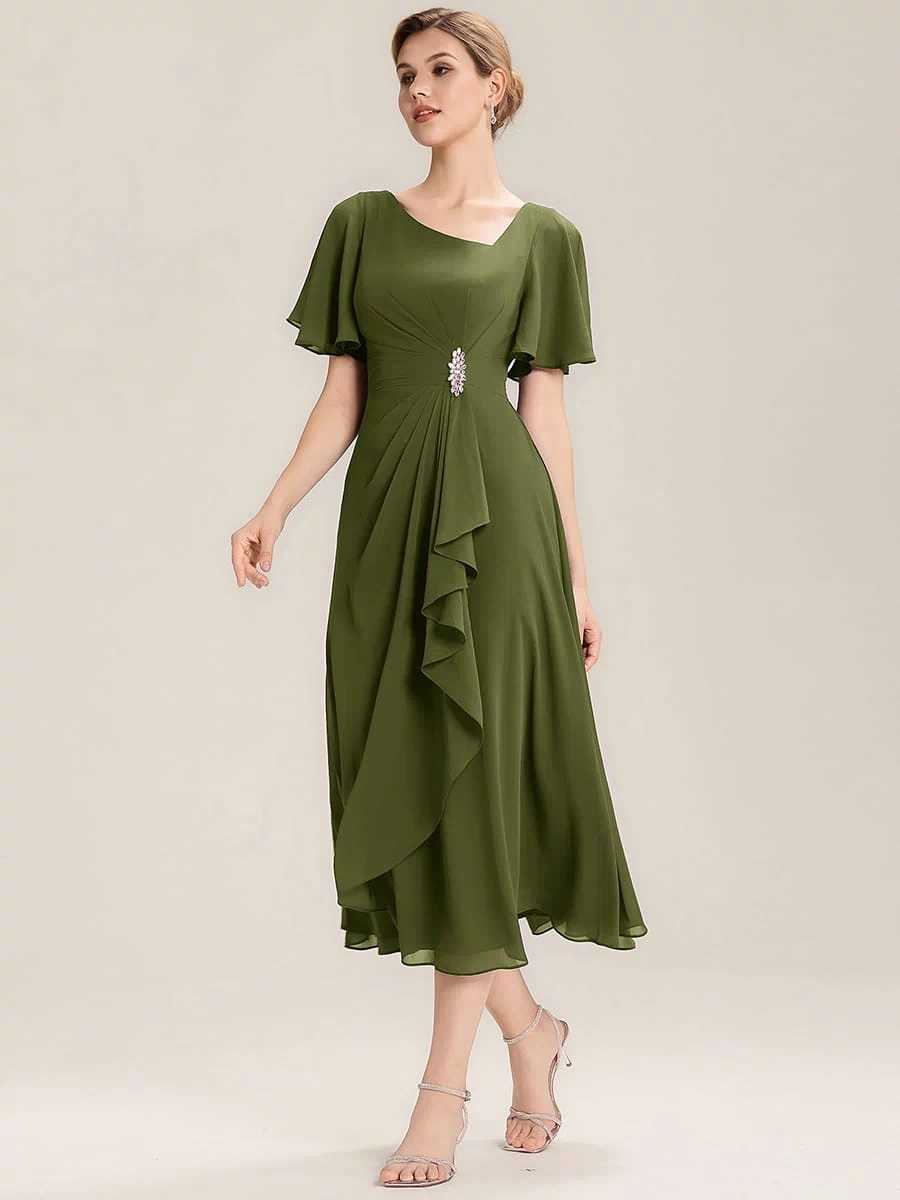 Rhinestone Embellished Chiffon Ruffle Sleeve Evening Dress #color_Olive Green