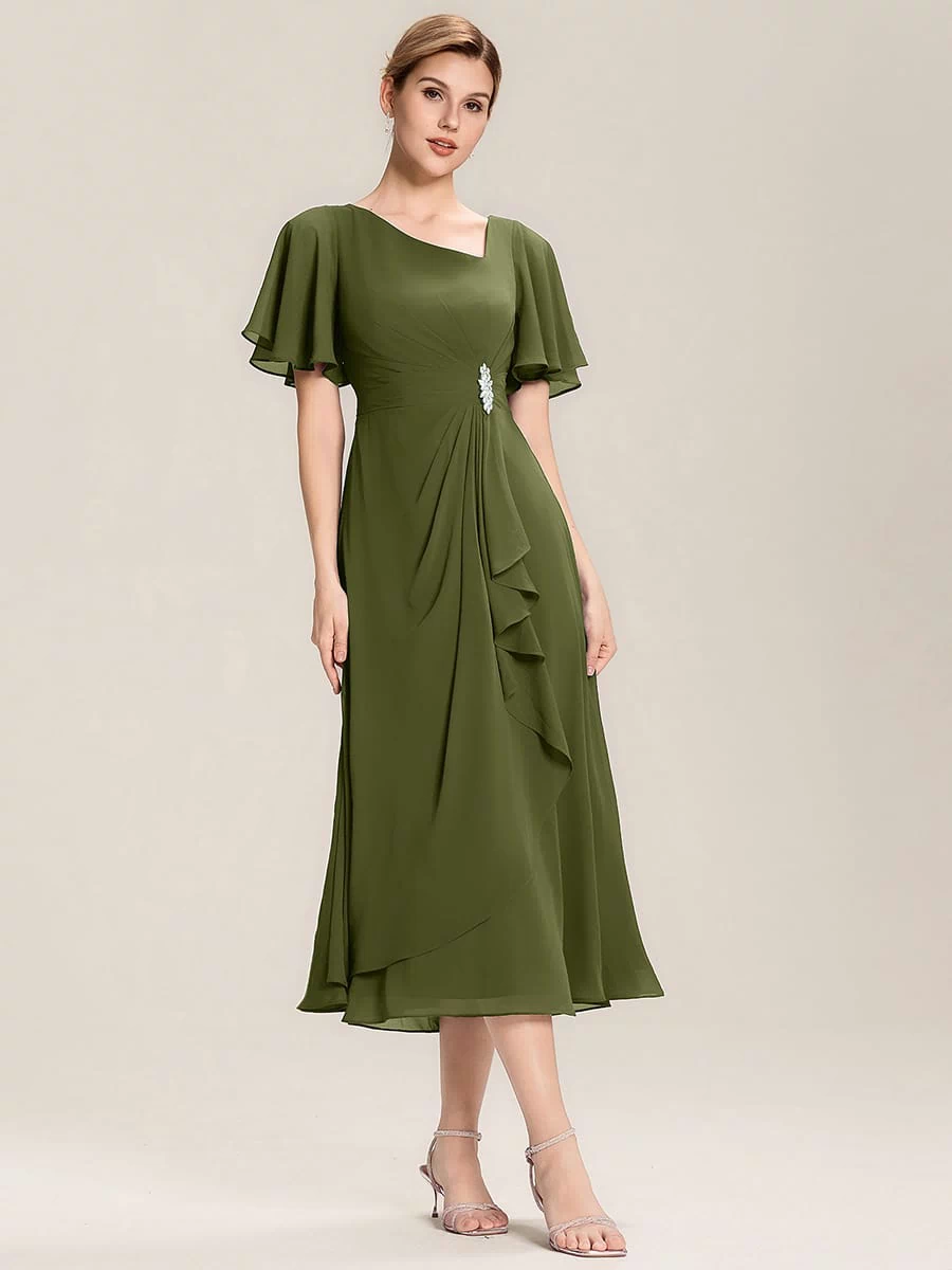 Rhinestone Embellished Chiffon Ruffle Sleeve Evening Dress #color_Olive Green