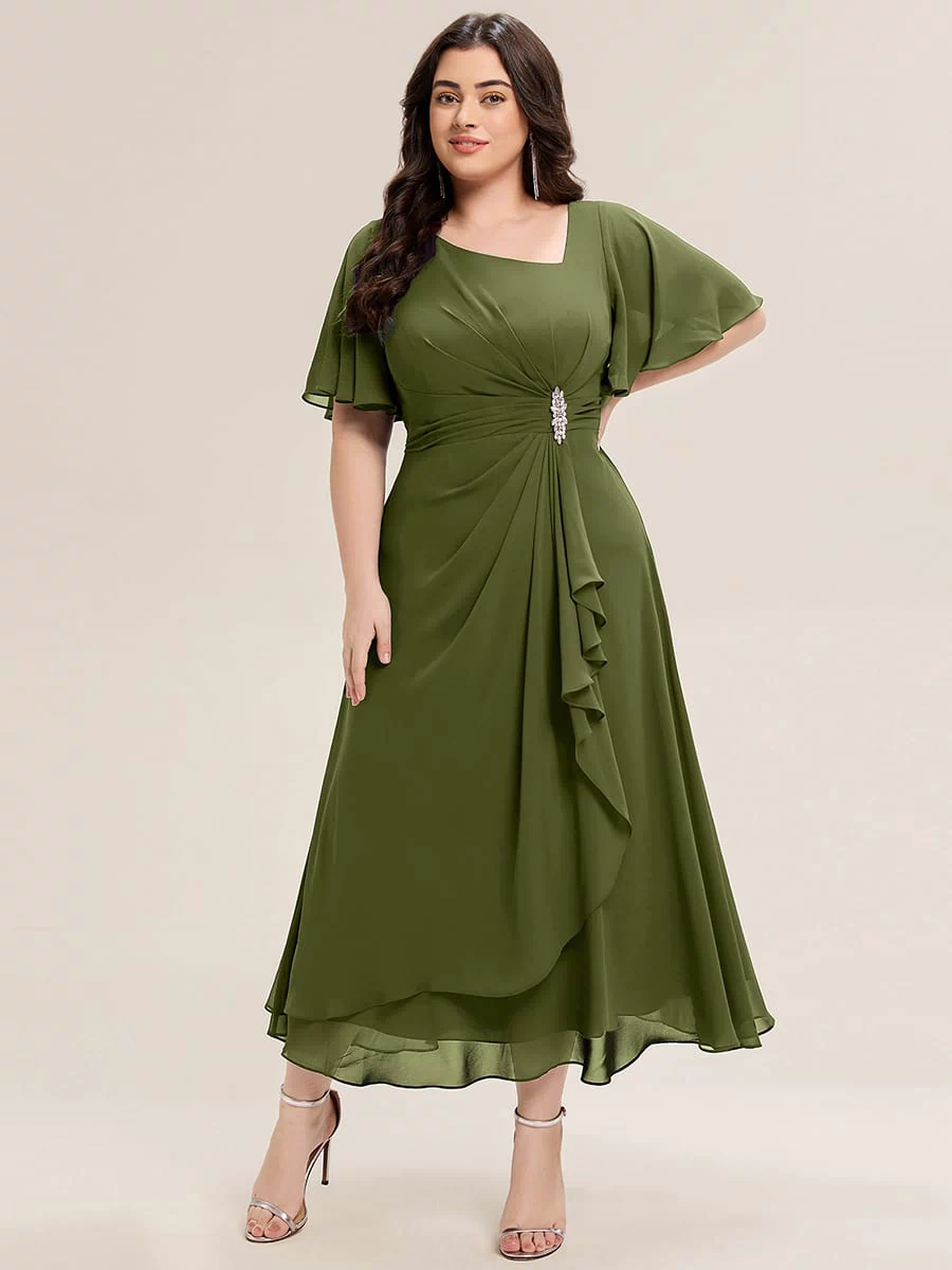 Rhinestone Embellished Chiffon Ruffle Sleeve Evening Dress #color_Olive Green
