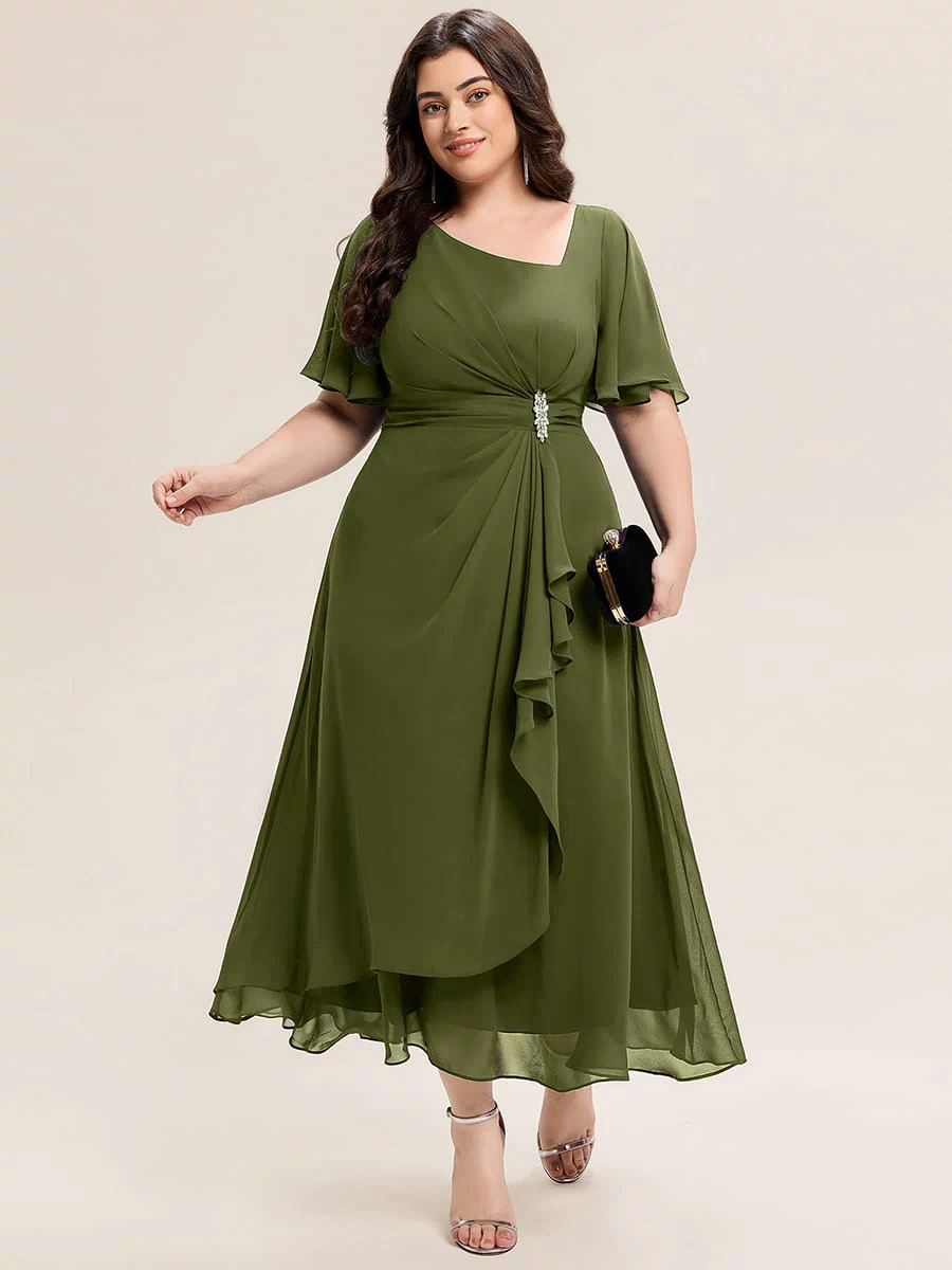 Rhinestone Embellished Chiffon Ruffle Sleeve Evening Dress #color_Olive Green