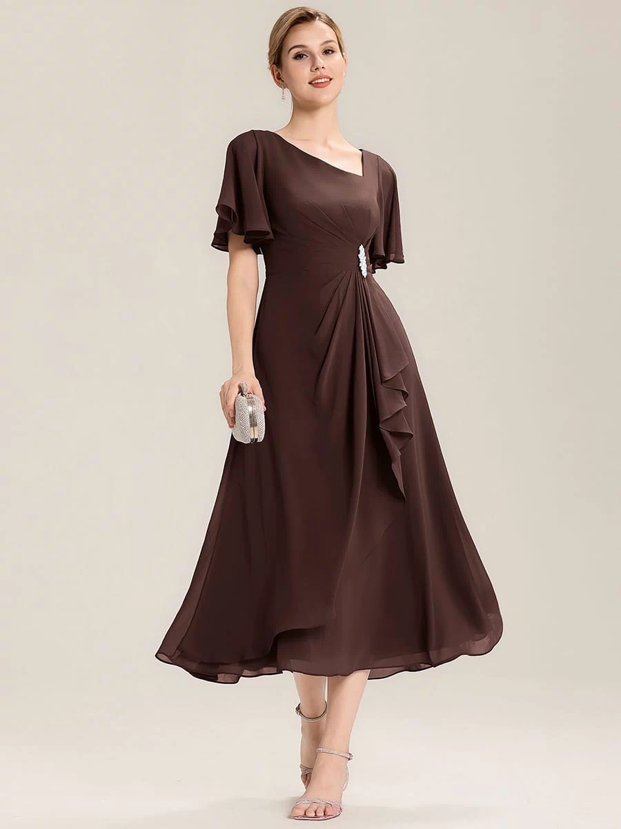 Rhinestone Embellished Chiffon Ruffle Sleeve Evening Dress #color_Chocolate brown