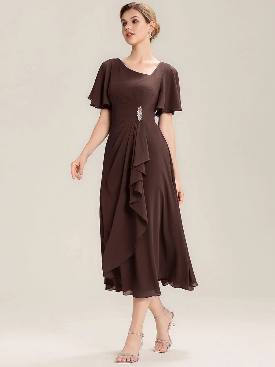 Rhinestone Embellished Chiffon Ruffle Sleeve Evening Dress #color_Chocolate brown