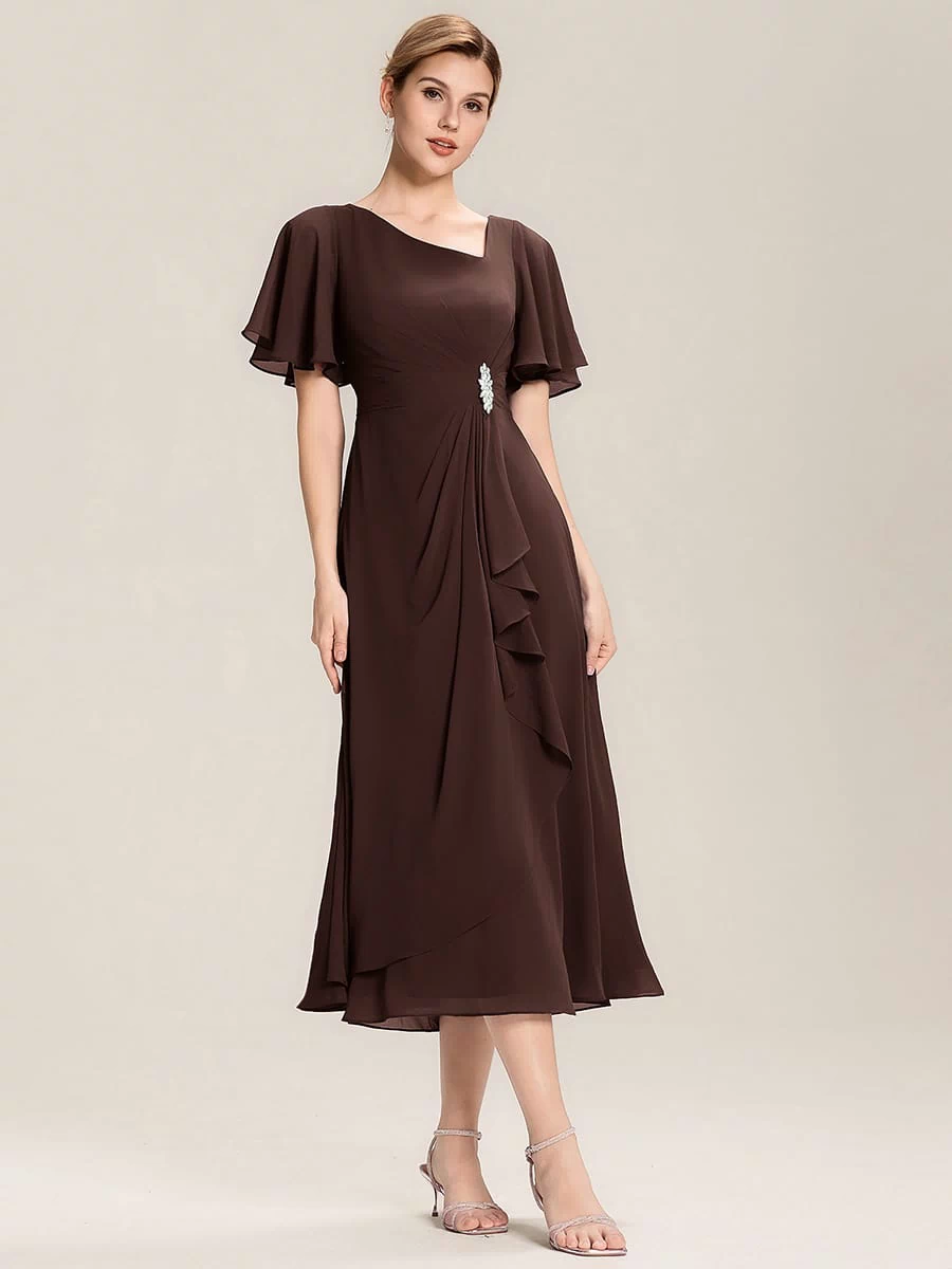 Rhinestone Embellished Chiffon Ruffle Sleeve Evening Dress #color_Chocolate brown