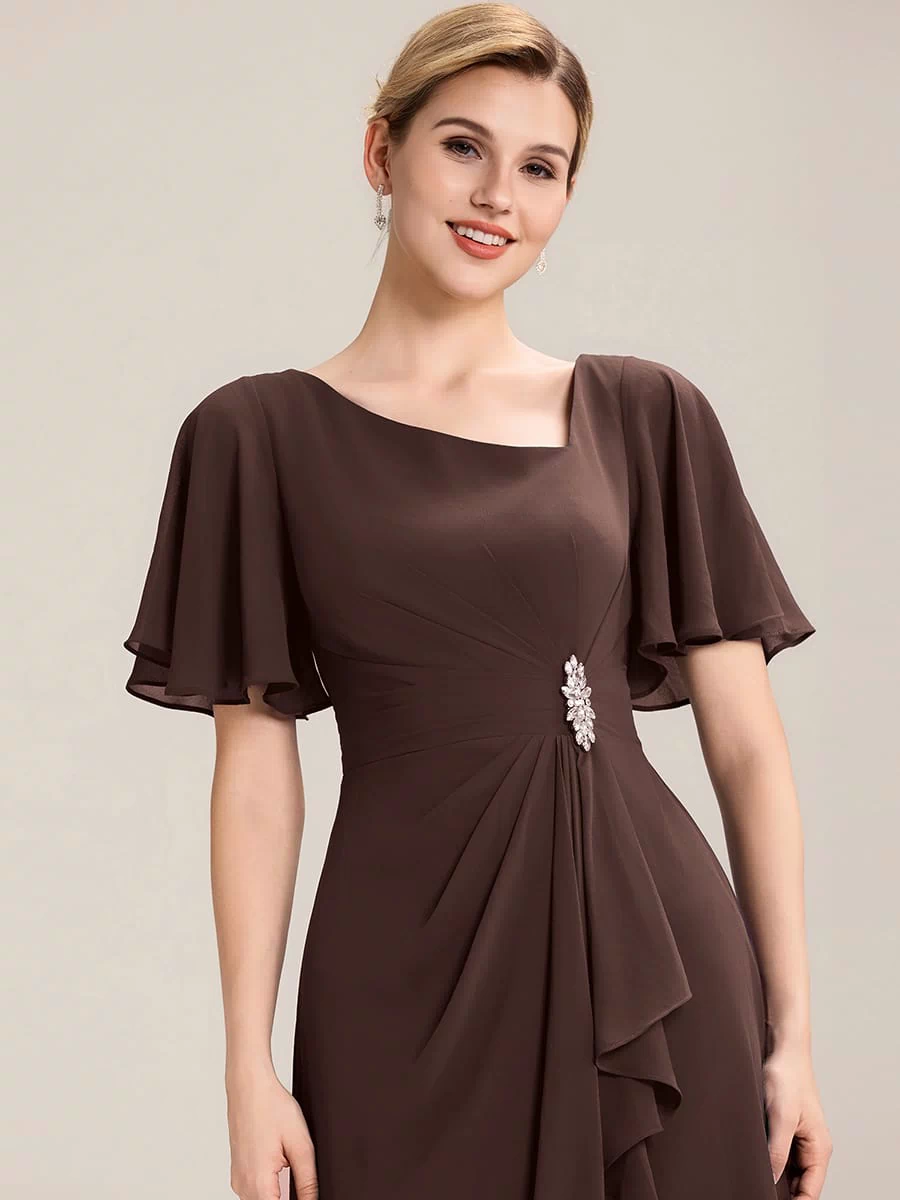 Rhinestone Embellished Chiffon Ruffle Sleeve Evening Dress #color_Chocolate brown
