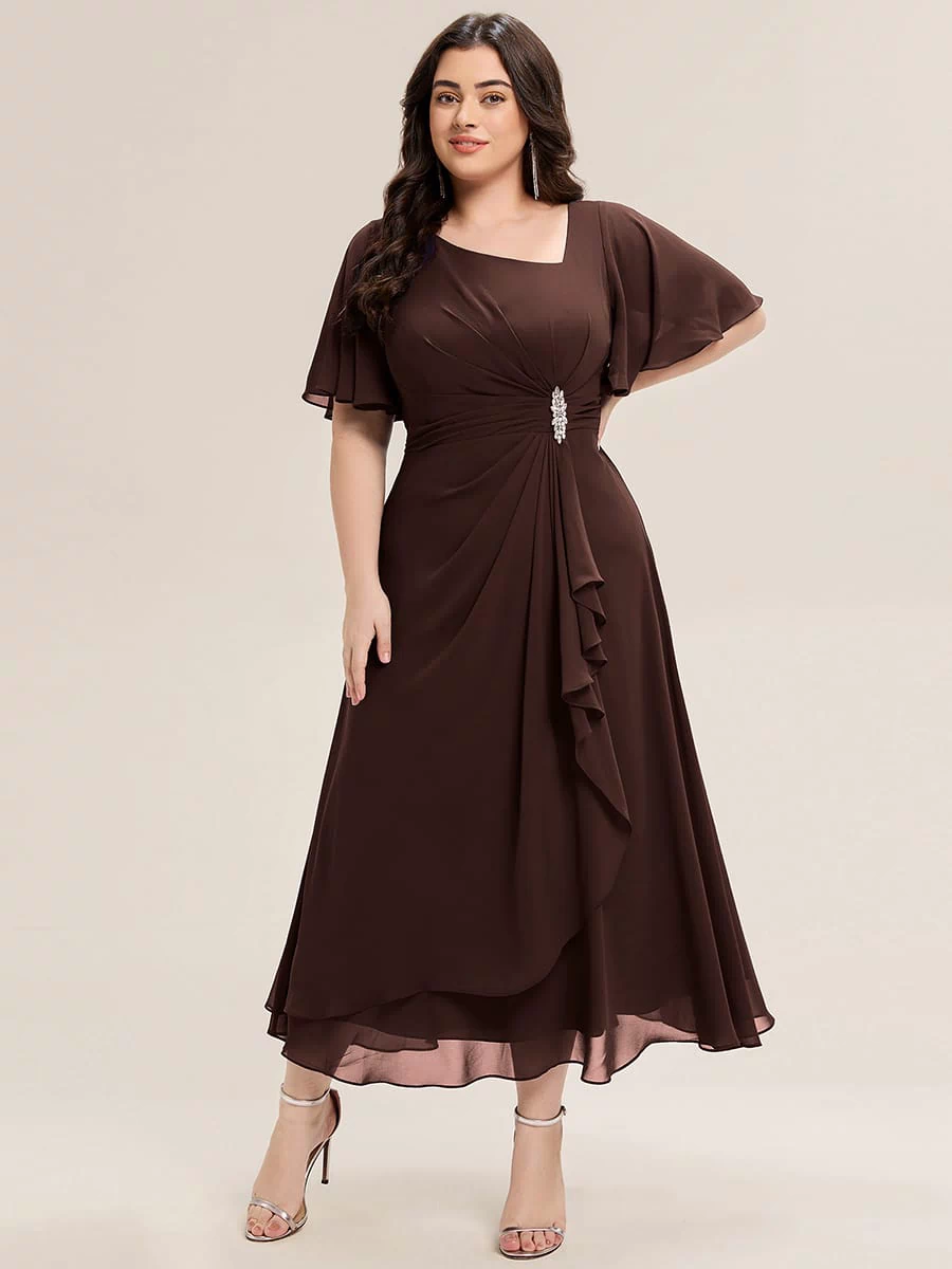 Rhinestone Embellished Chiffon Ruffle Sleeve Evening Dress #color_Chocolate brown