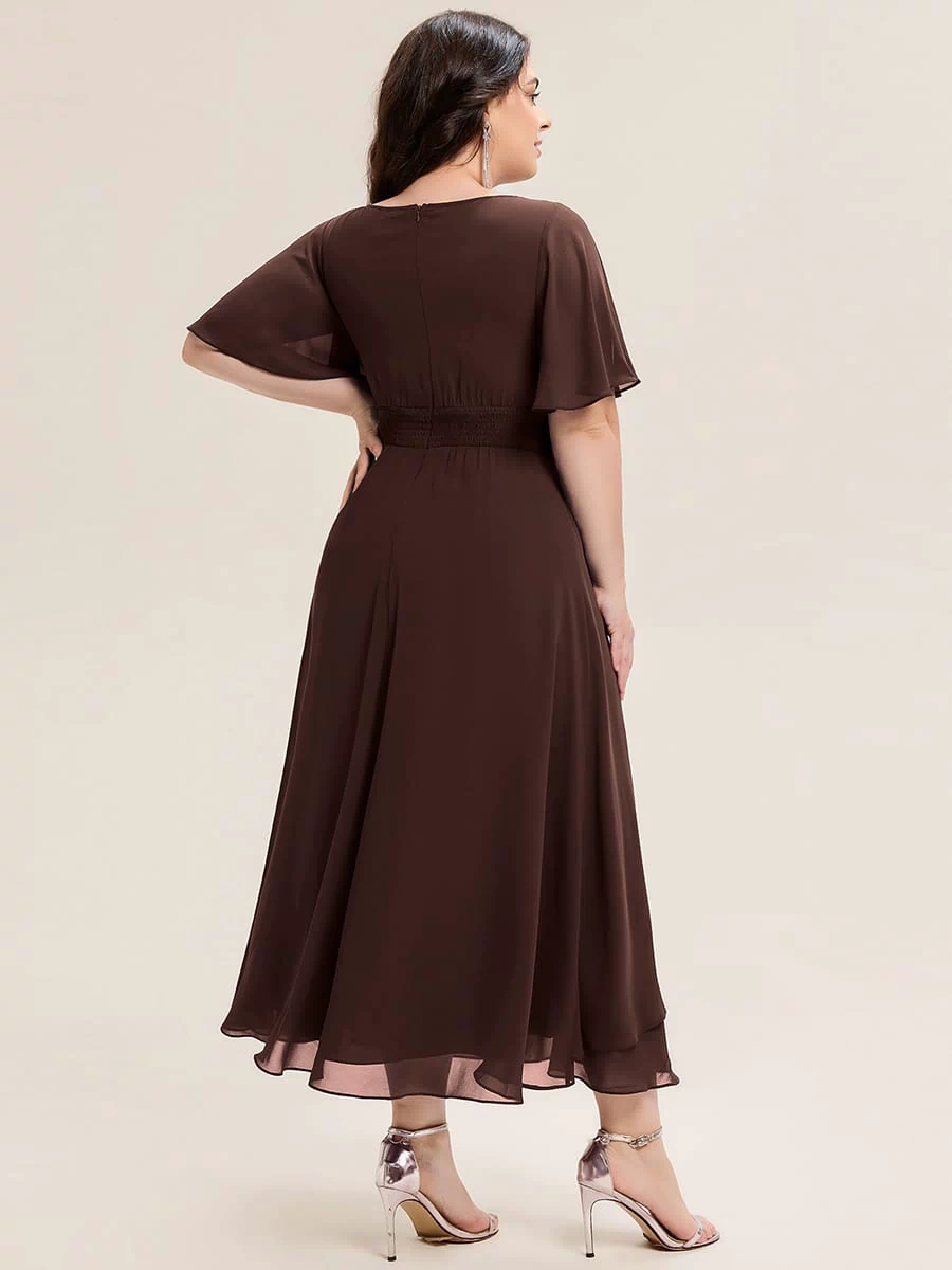 Rhinestone Embellished Chiffon Ruffle Sleeve Evening Dress #color_Chocolate brown