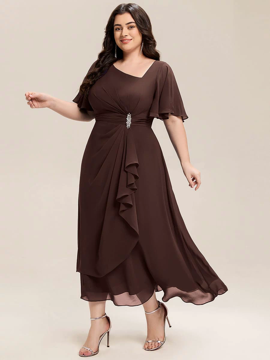 Rhinestone Embellished Chiffon Ruffle Sleeve Evening Dress #color_Chocolate brown