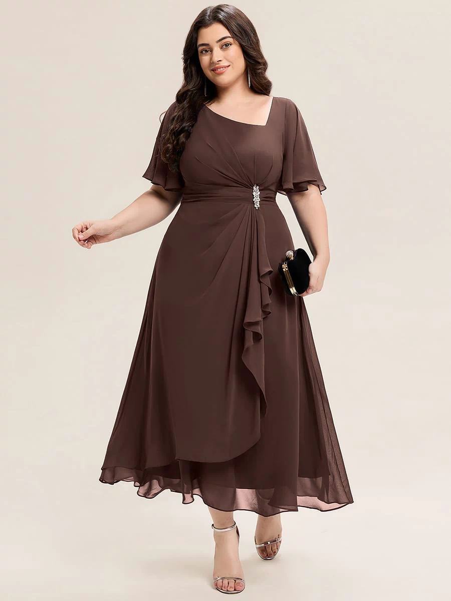 Rhinestone Embellished Chiffon Ruffle Sleeve Evening Dress #color_Chocolate brown