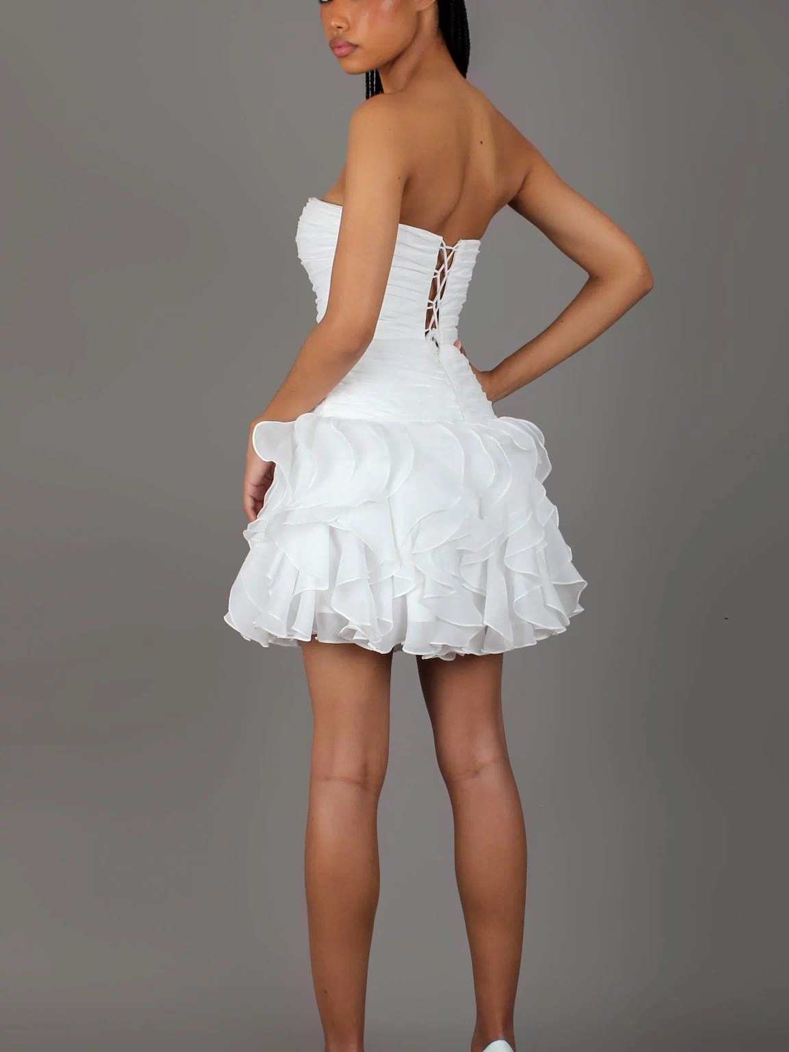 Rio - Bridal Mini | White Strapless Drop Waist Ruffle flower Bridal Mini Dress - STUDIO MINC