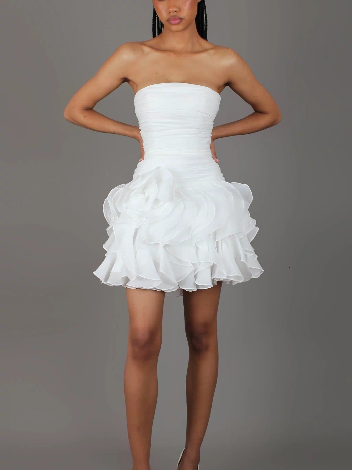 Rio - Bridal Mini | White Strapless Drop Waist Ruffle flower Bridal Mini Dress - STUDIO MINC