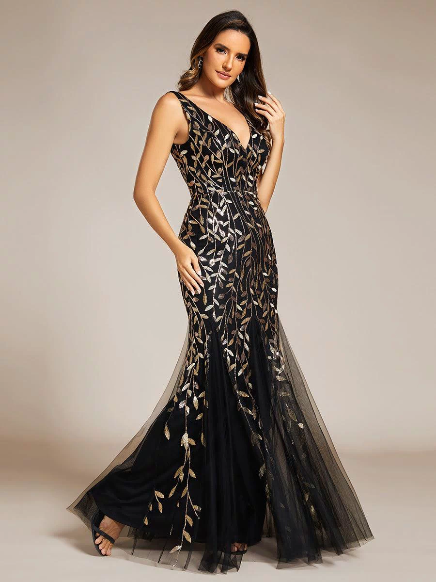Robe de soirée Longue Sexy en sequins col en V pour femmes #Couleur_Noir & Or