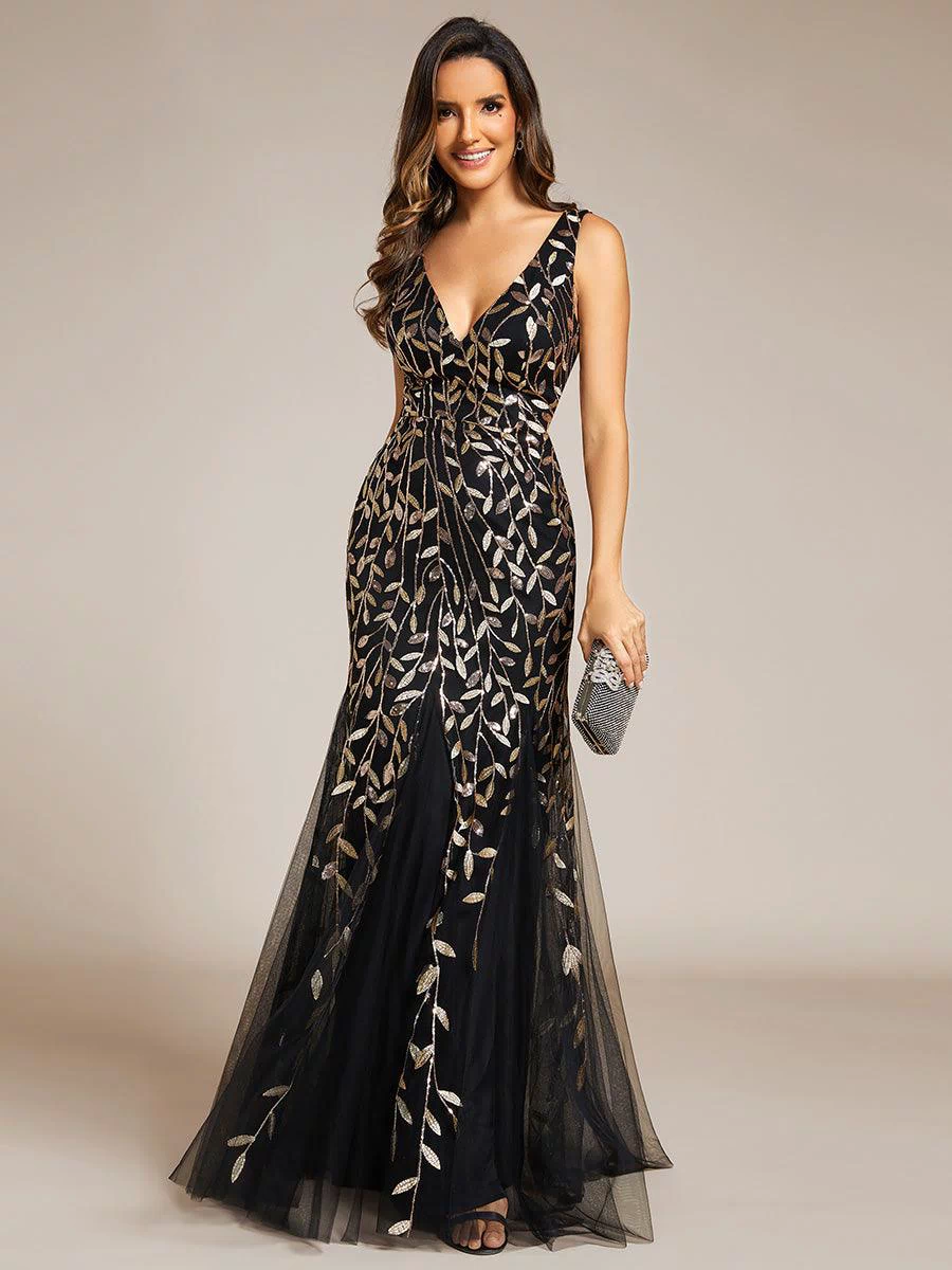 Robe de soirée Longue Sexy en sequins col en V pour femmes #Couleur_Noir & Or