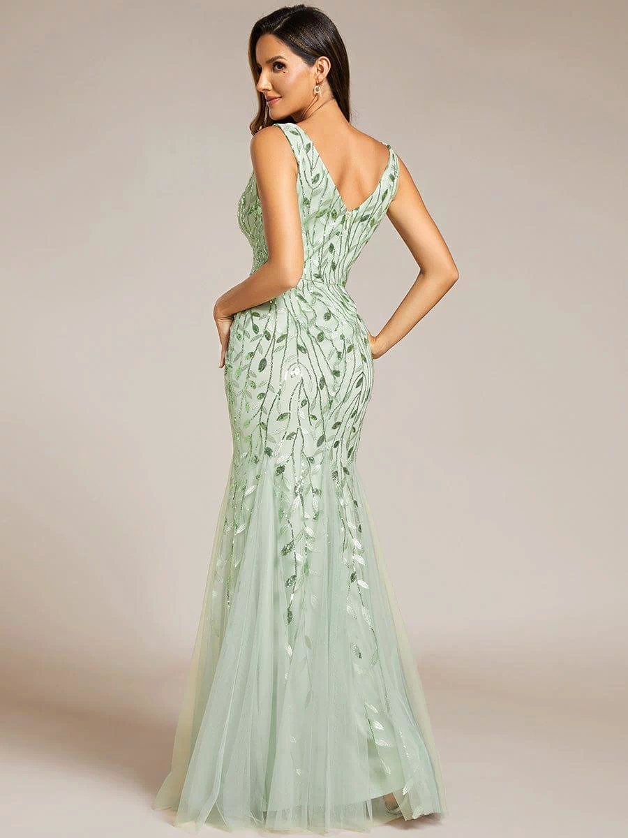 Robe de soirée Longue Sexy en sequins col en V pour femmes #Couleur_Menthe Verte