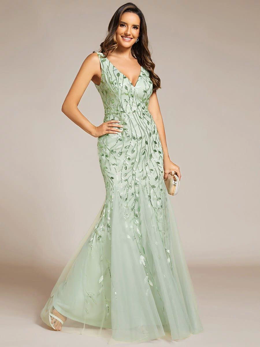 Robe de soirée Longue Sexy en sequins col en V pour femmes #Couleur_Menthe Verte