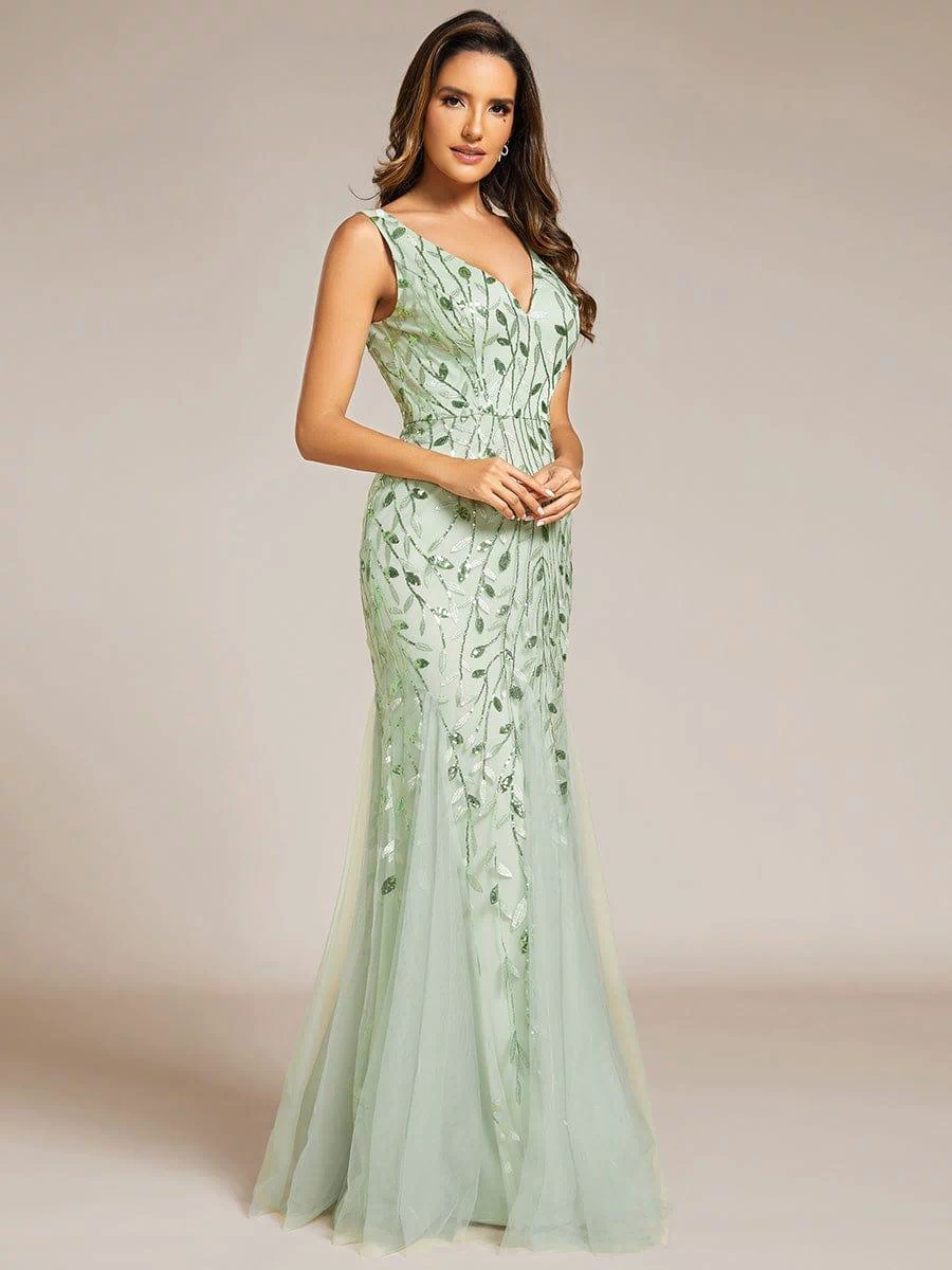 Robe de soirée Longue Sexy en sequins col en V pour femmes #Couleur_Menthe Verte