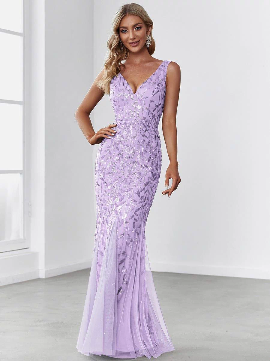 Robe de soirée Longue Sexy en sequins col en V pour femmes #Couleur_Lavande