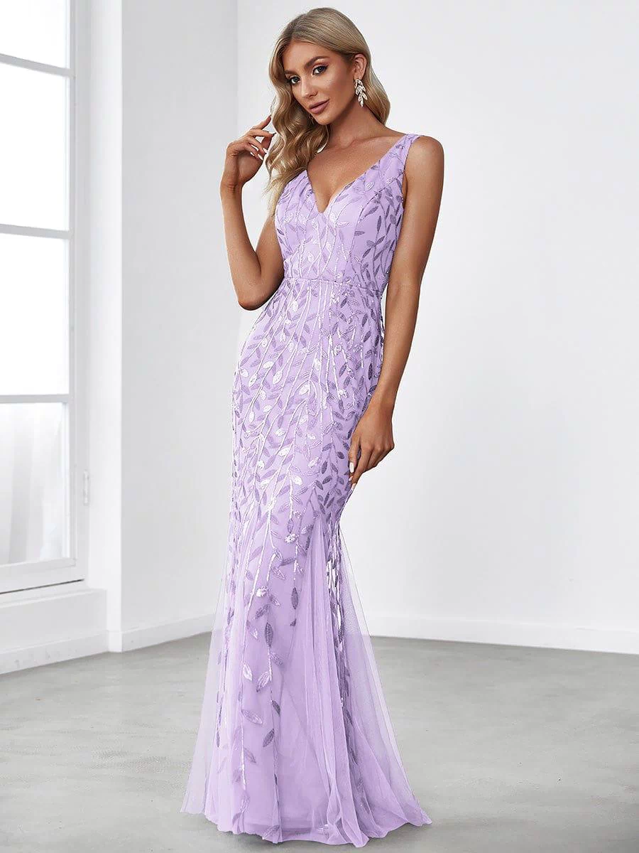 Robe de soirée Longue Sexy en sequins col en V pour femmes #Couleur_Lavande