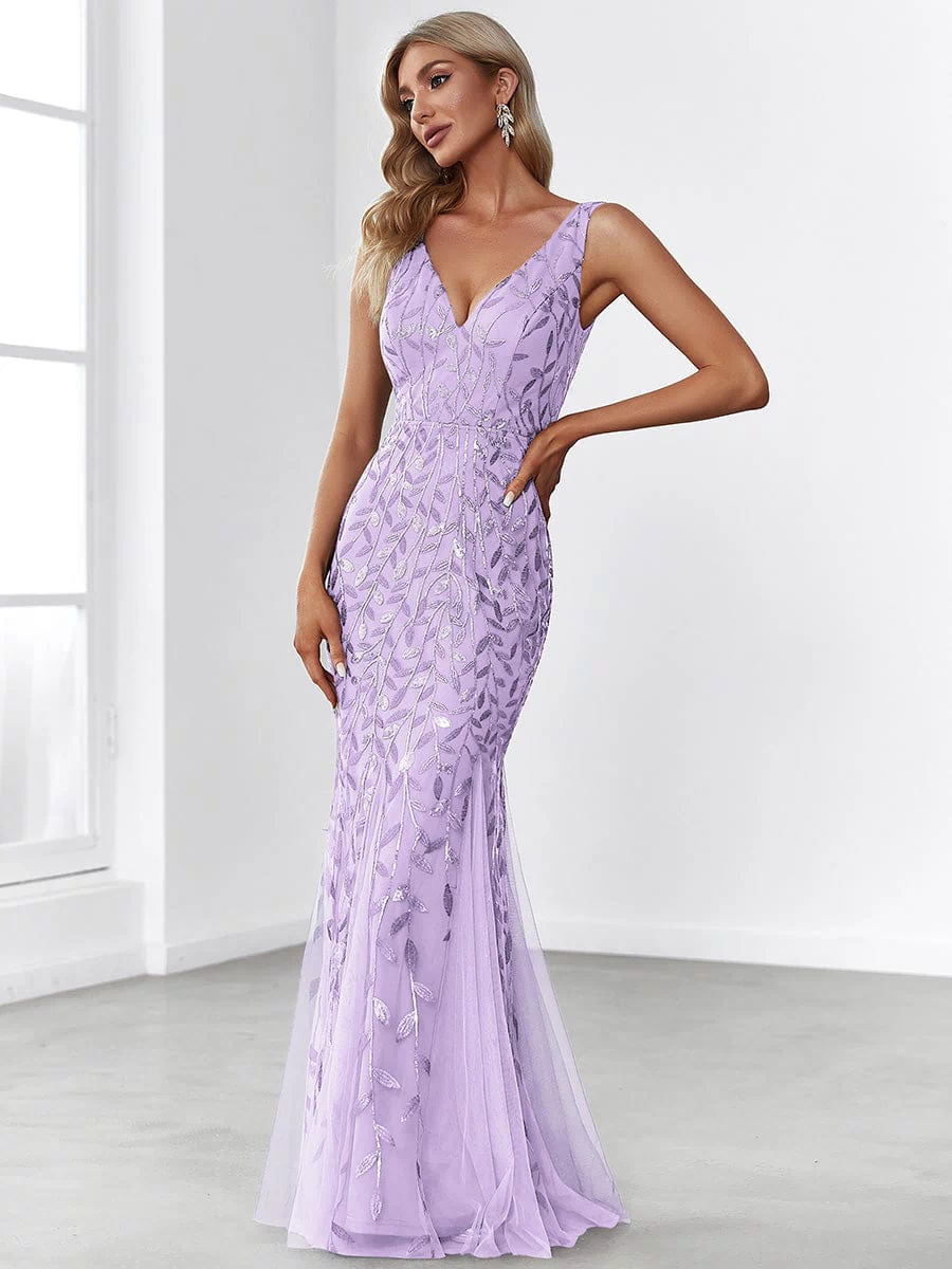 Robe de soirée Longue Sexy en sequins col en V pour femmes #Couleur_Lavande