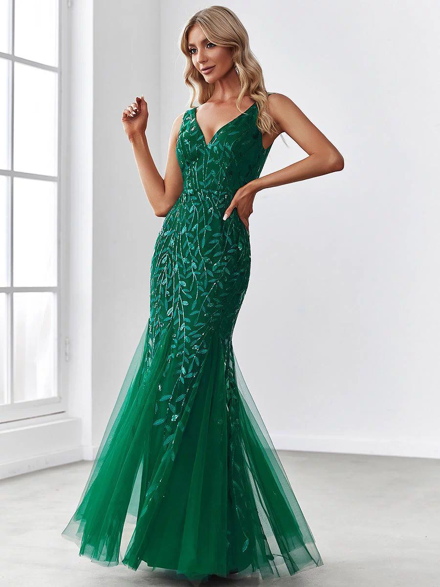 Robe de soirée Longue Sexy en sequins col en V pour femmes #Couleur_Vert Fonce