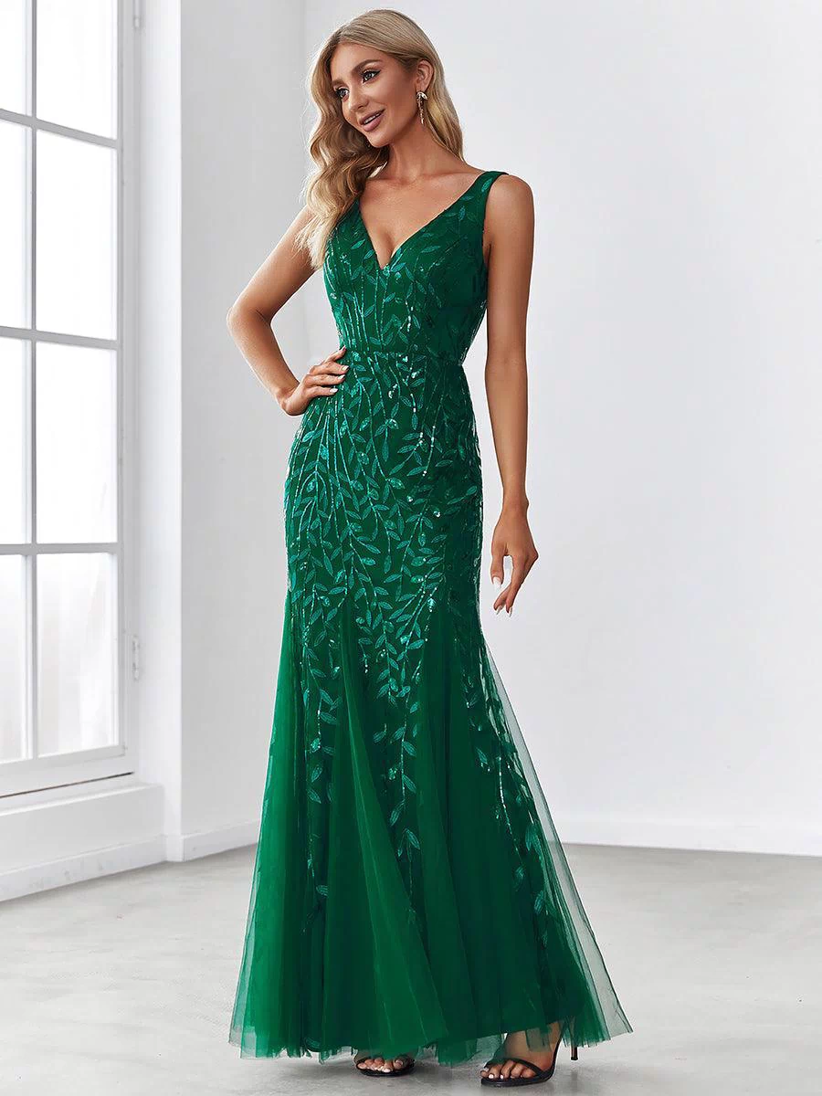 Robe de soirée Longue Sexy en sequins col en V pour femmes #Couleur_Vert Fonce