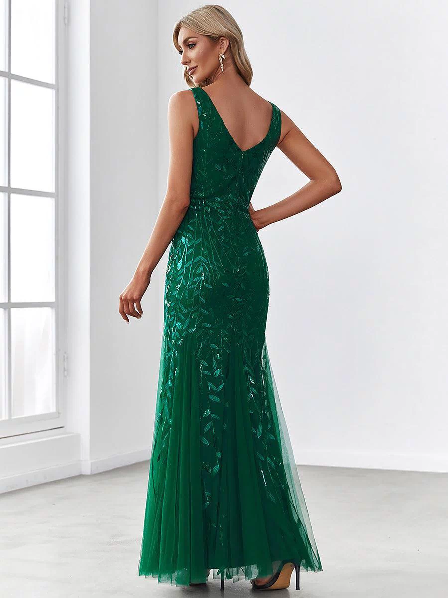 Robe de soirée Longue Sexy en sequins col en V pour femmes #Couleur_Vert Fonce