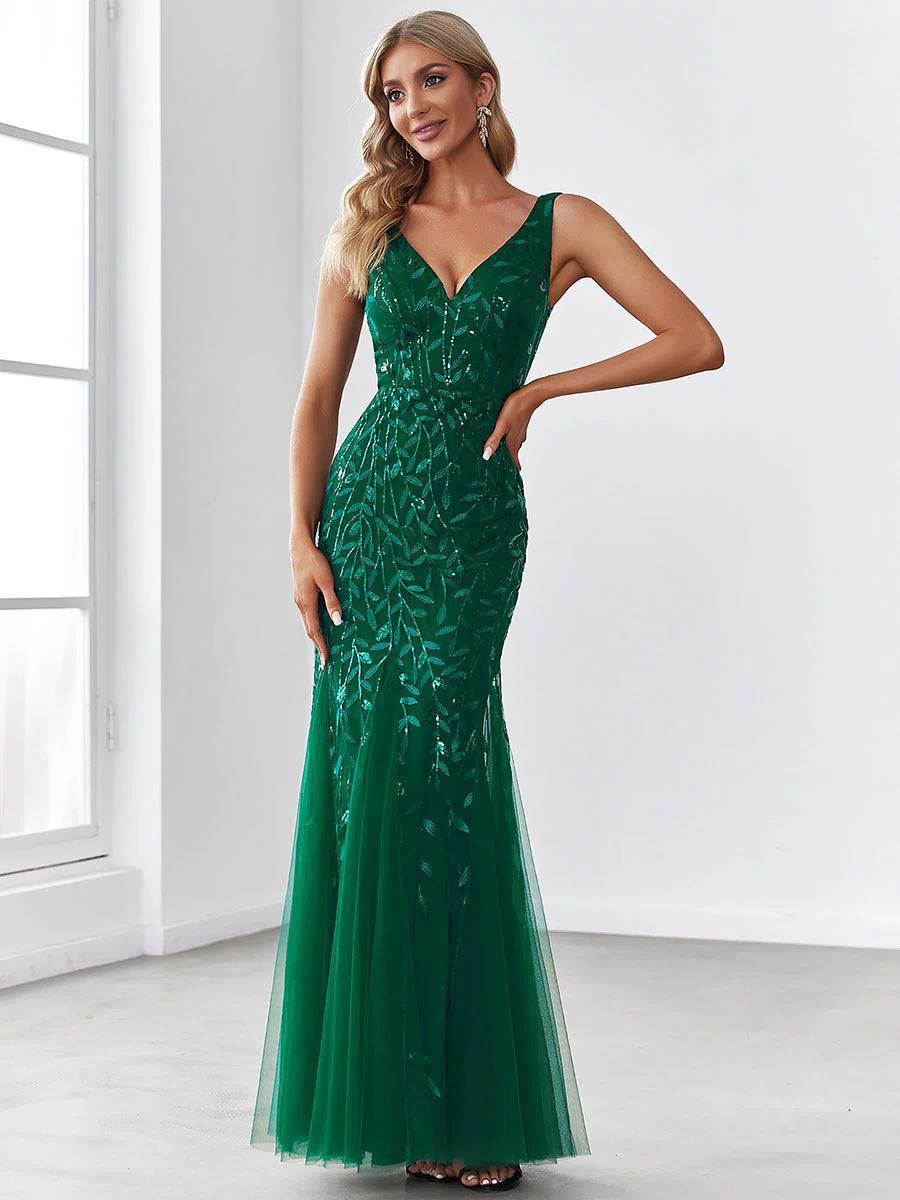Robe de soirée Longue Sexy en sequins col en V pour femmes #Couleur_Vert Fonce