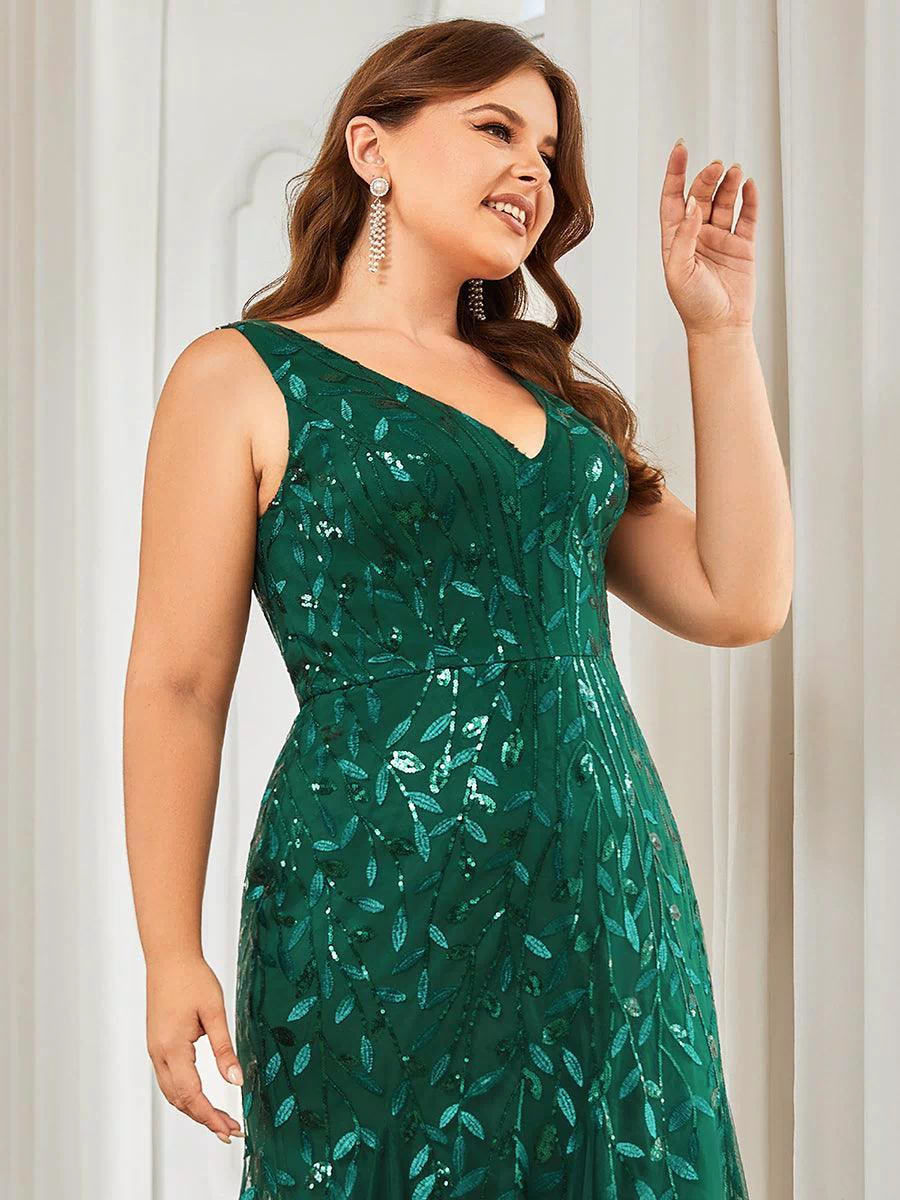 Robe de soirée Longue Sexy en sequins col en V pour femmes #Couleur_Vert Fonce