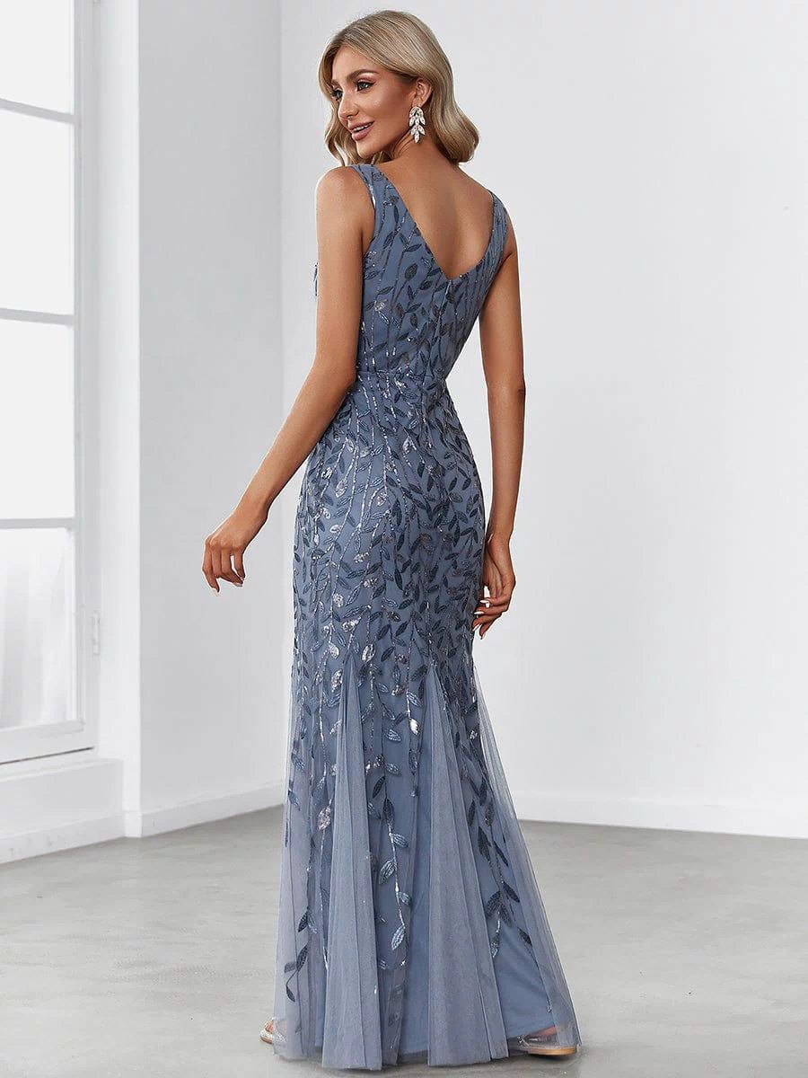 Robe de soirée Longue Sexy en sequins col en V pour femmes #Couleur_Marine Fume