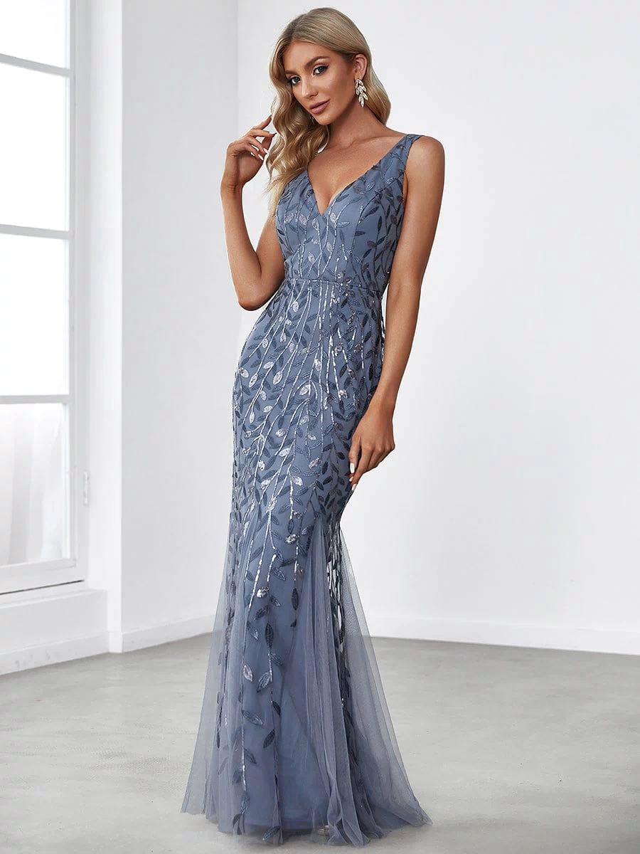 Robe de soirée Longue Sexy en sequins col en V pour femmes #Couleur_Marine Fume