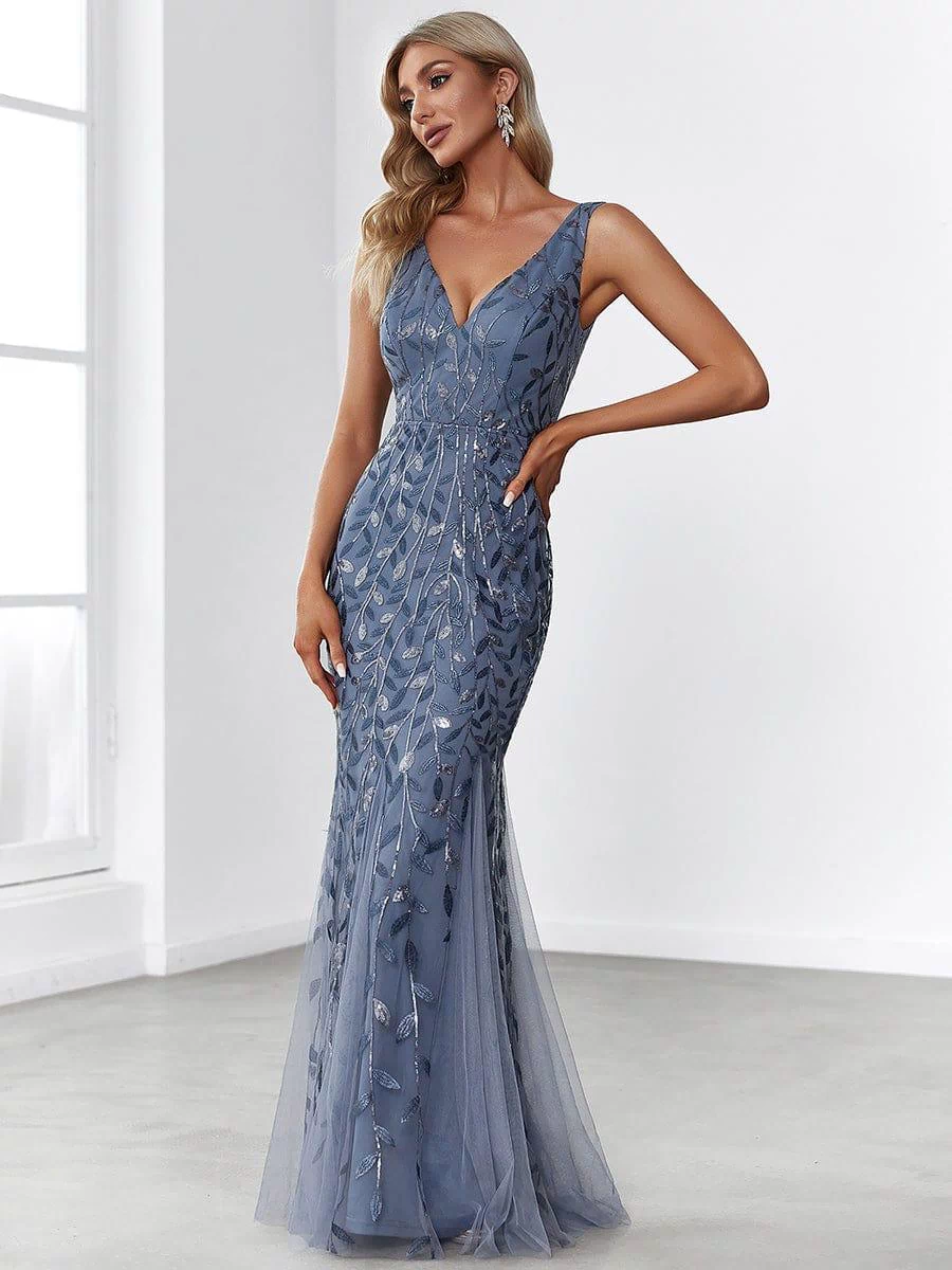 Robe de soirée Longue Sexy en sequins col en V pour femmes #Couleur_Marine Fume