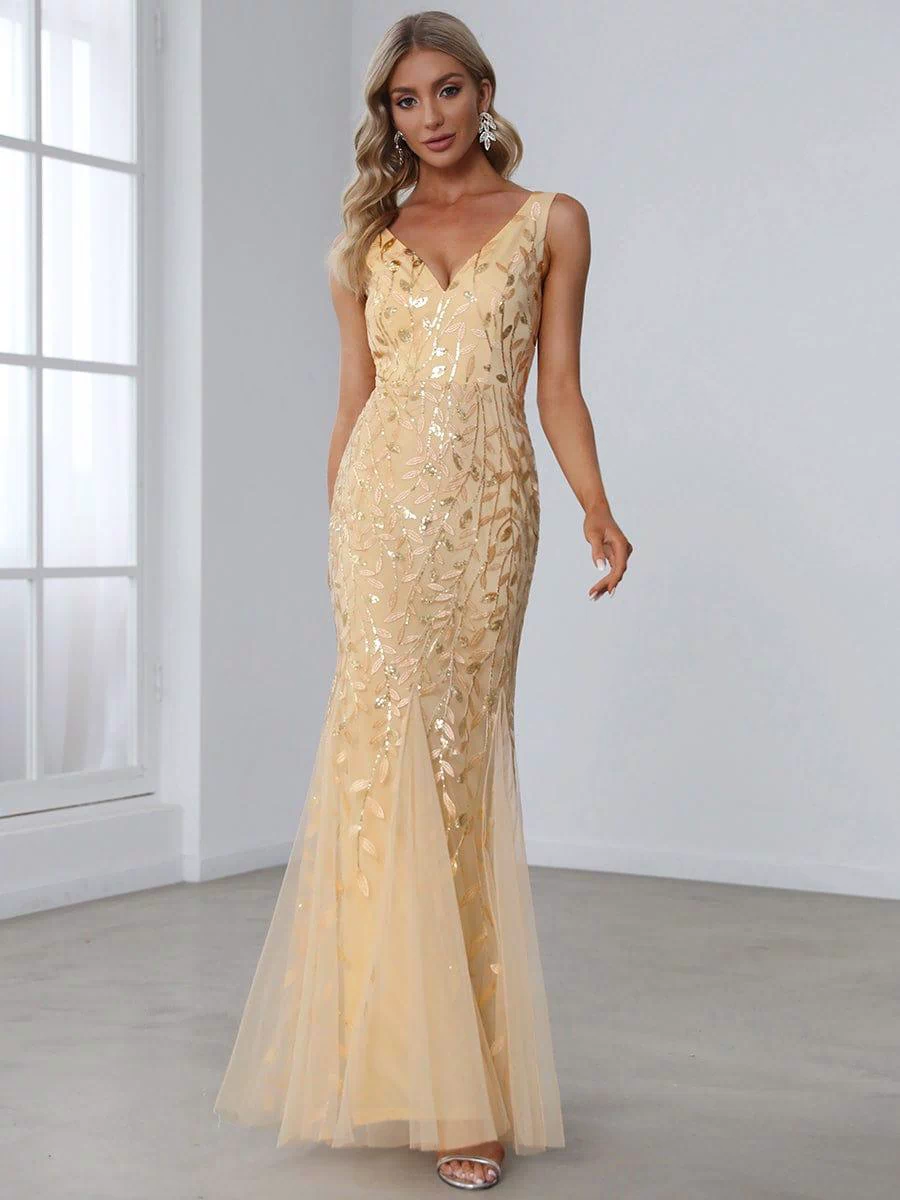 Robe de soirée Longue Sexy en sequins col en V pour femmes #Couleur_Dorée