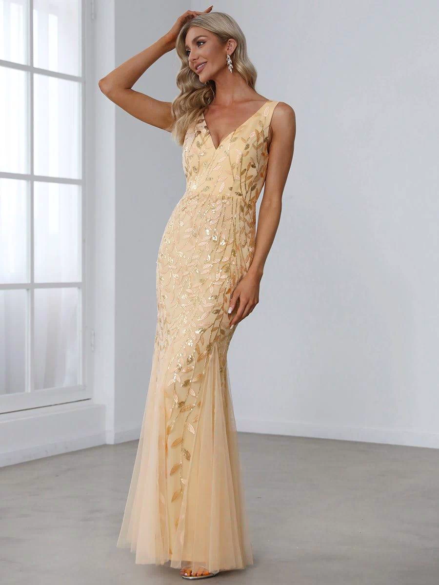 Robe de soirée Longue Sexy en sequins col en V pour femmes #Couleur_Dorée