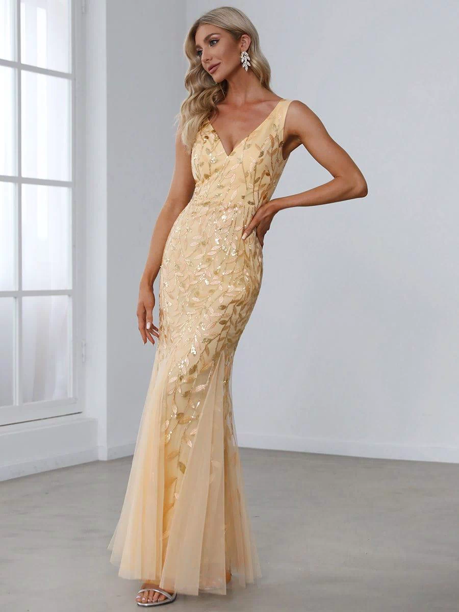 Robe de soirée Longue Sexy en sequins col en V pour femmes #Couleur_Dorée