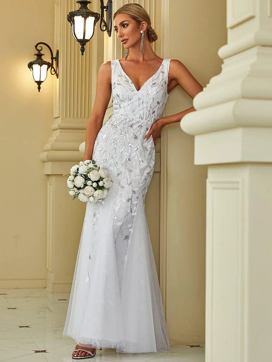 Robe de soirée Longue Sexy en sequins col en V pour femmes #Couleur_Blanc