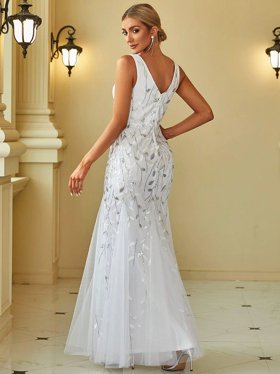 Robe de soirée Longue Sexy en sequins col en V pour femmes #Couleur_Blanc