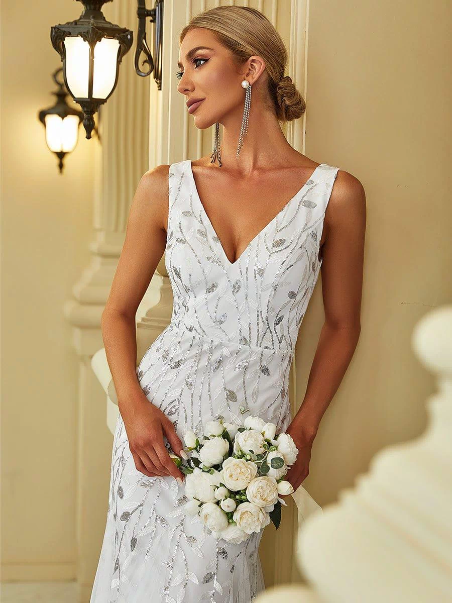 Robe de soirée Longue Sexy en sequins col en V pour femmes #Couleur_Blanc