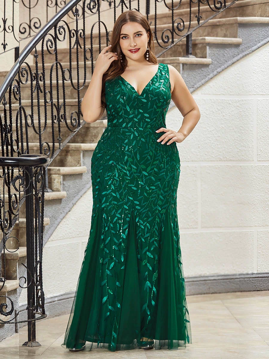 Robe de soirée Longue Sexy en sequins col en V pour femmes #Couleur_Vert Fonce