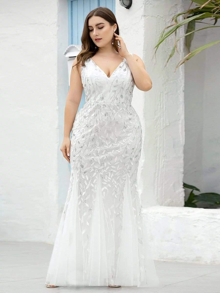 Robe de soirée Longue Sexy en sequins col en V pour femmes #Couleur_Blanc
