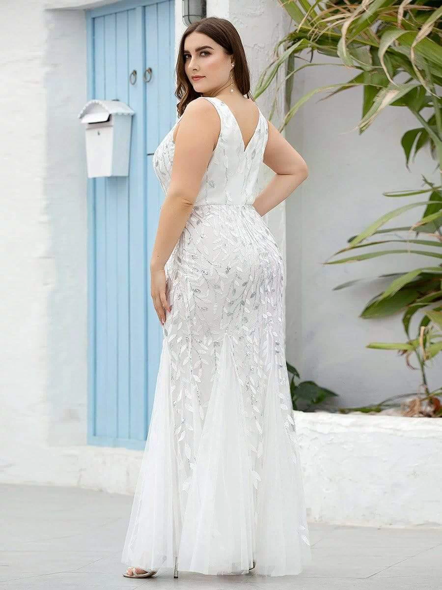 Robe de soirée Longue Sexy en sequins col en V pour femmes #Couleur_Blanc