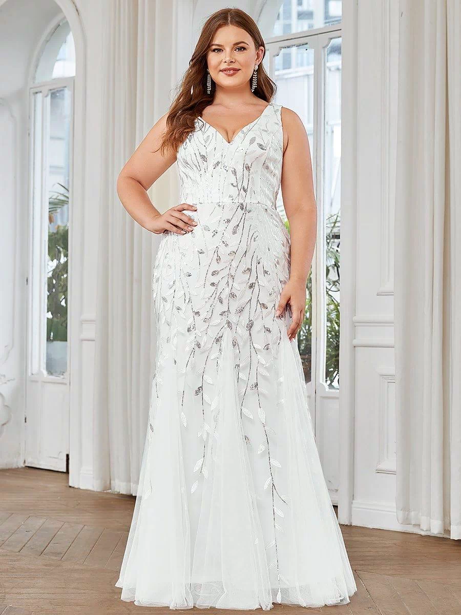 Robe de soirée Longue Sexy en sequins col en V pour femmes #Couleur_Blanc