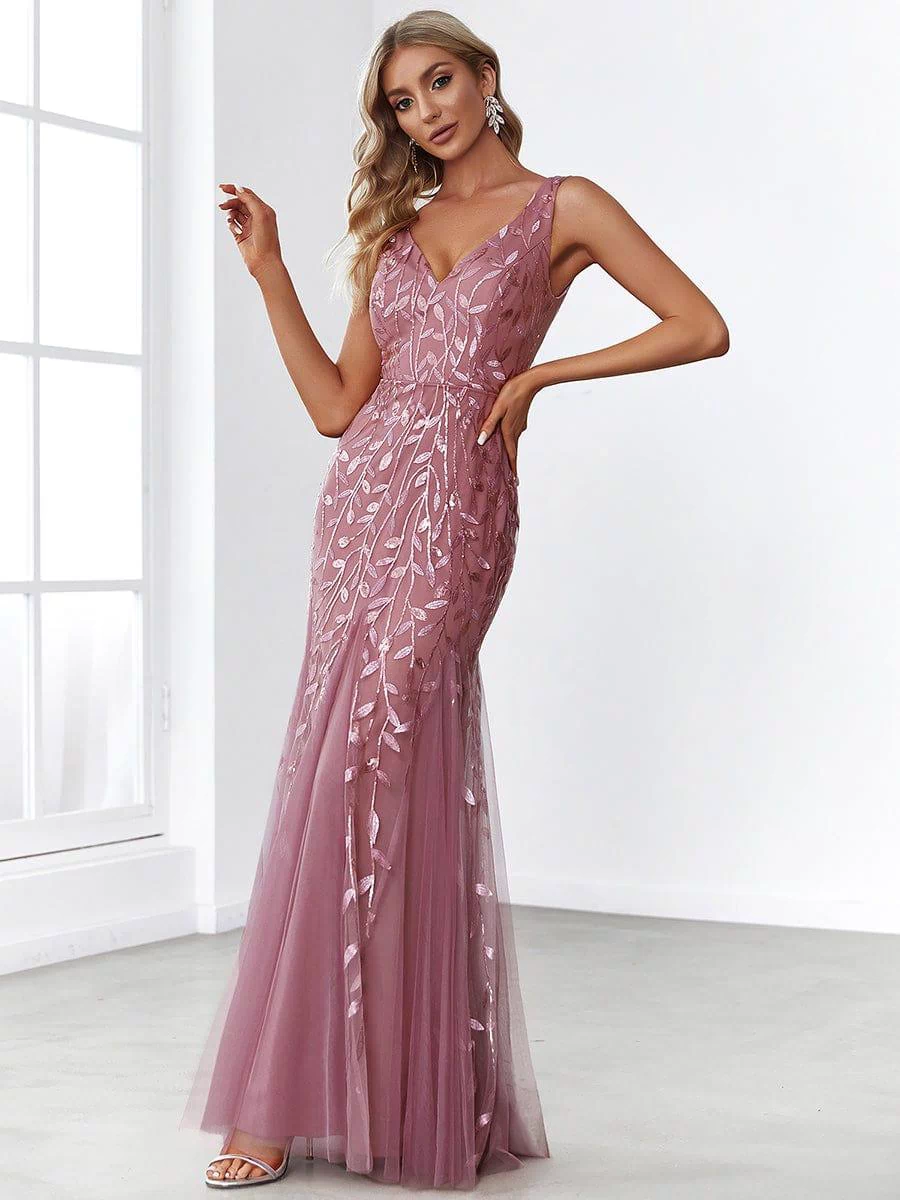 Robe de soirée Longue Sexy en sequins col en V pour femmes #Couleur_Orchidee