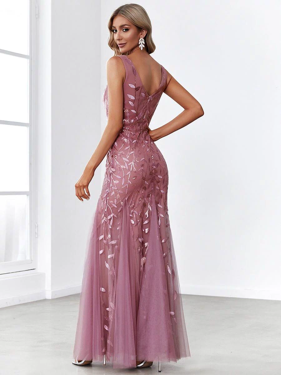 Robe de soirée Longue Sexy en sequins col en V pour femmes #Couleur_Orchidee