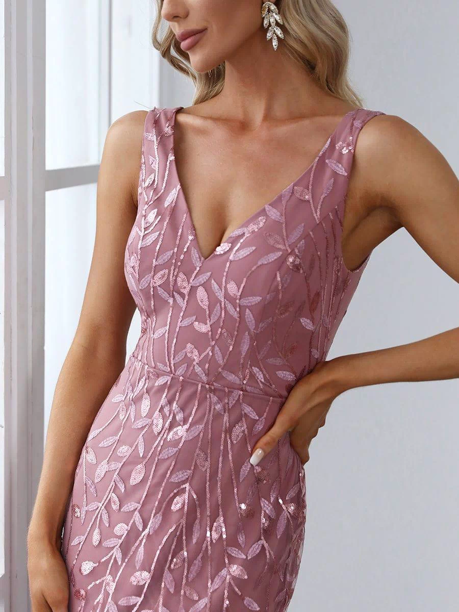 Robe de soirée Longue Sexy en sequins col en V pour femmes #Couleur_Orchidee