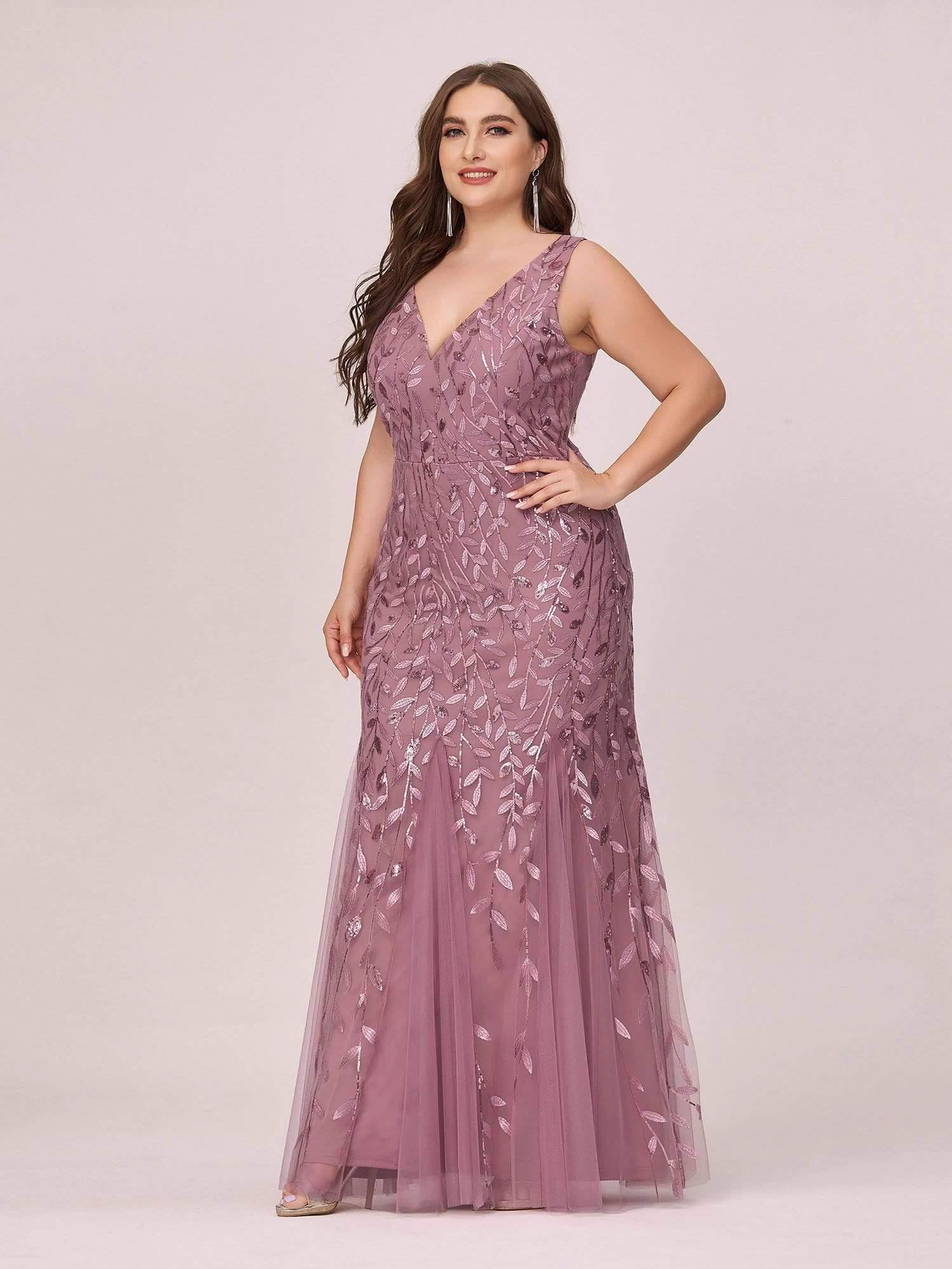 Robe de soirée Longue Sexy en sequins col en V pour femmes #Couleur_Orchidee