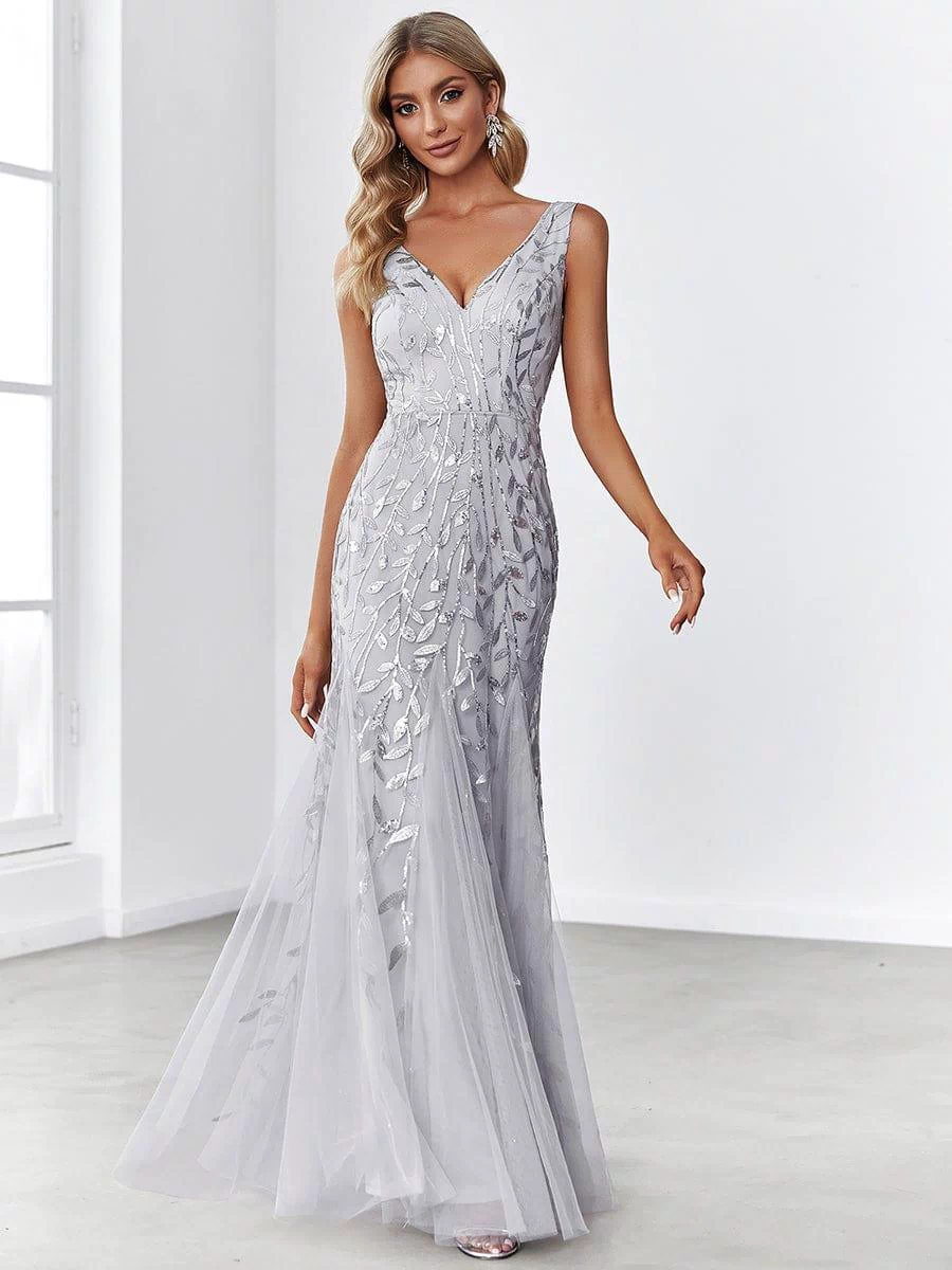 Robe de soirée Longue Sexy en sequins col en V pour femmes #Couleur_Argent