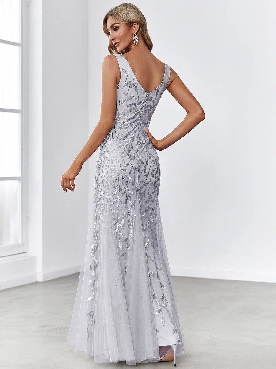 Robe de soirée Longue Sexy en sequins col en V pour femmes #Couleur_Argent