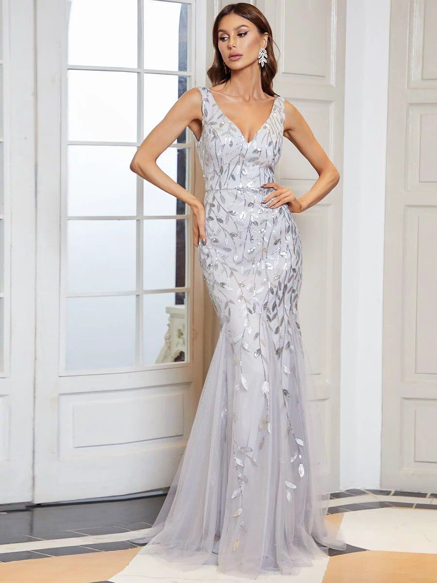 Robe de soirée Longue Sexy en sequins col en V pour femmes #Couleur_Argent