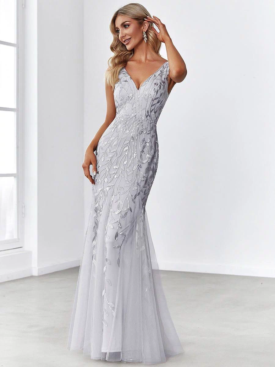 Robe de soirée Longue Sexy en sequins col en V pour femmes #Couleur_Argent