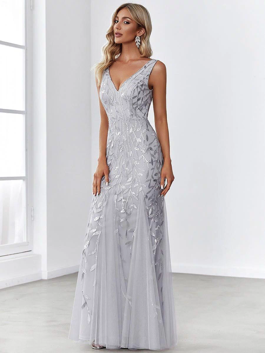 Robe de soirée Longue Sexy en sequins col en V pour femmes #Couleur_Argent