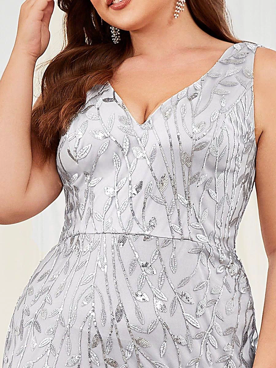Robe de soirée Longue Sexy en sequins col en V pour femmes #Couleur_Argent